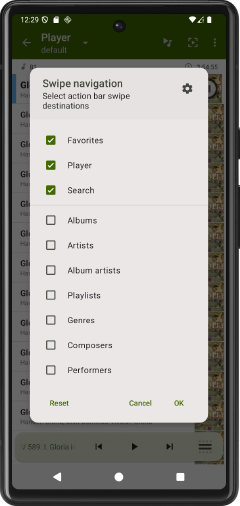 Action bar swipe navigation configuration dialog
